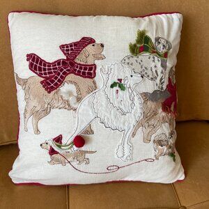 Pier 1 Christmas Pillow PARK AVENUE PUPPIES Dogs Embroidered 17"
